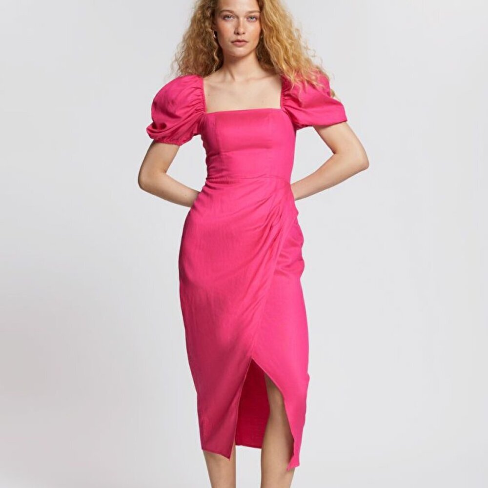 & Other Stories Fitted Asymmetric Puff Sleeve Linen Blend Midi Dress in Pink